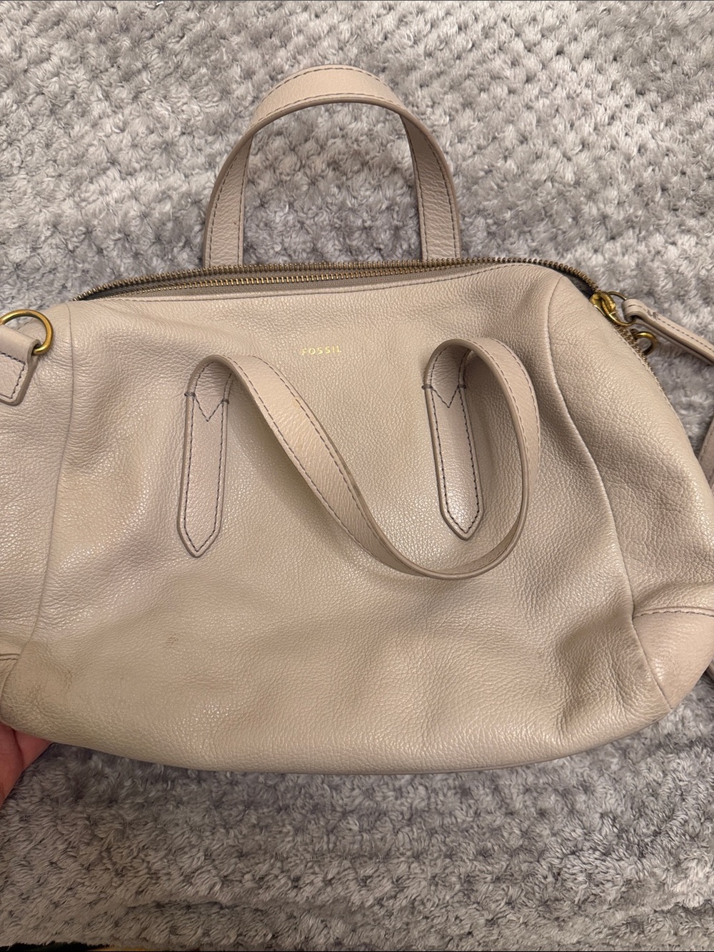 Fossil Light Beige Leather Satchel with Gold Hardware